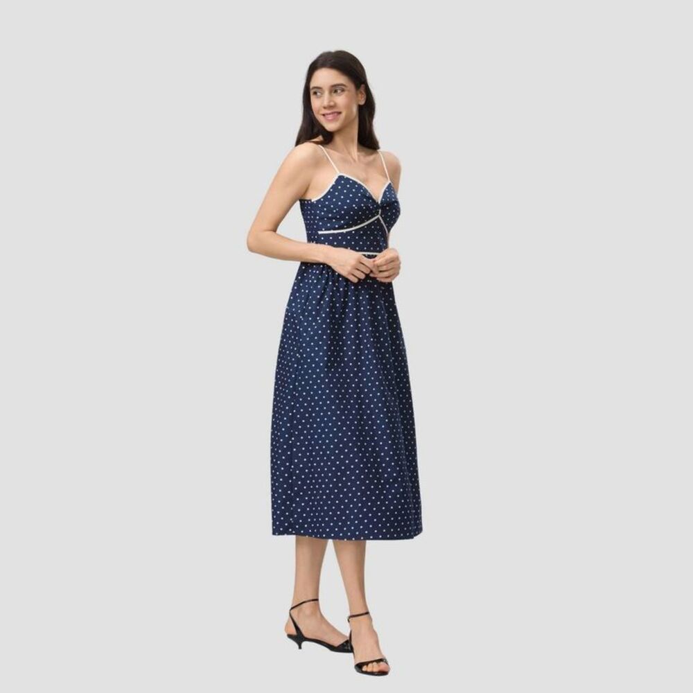 Women's Twist-Front Midi A-Line Dress - A New Day Navy Blue Polka Dots L - Picture 3 of 3
